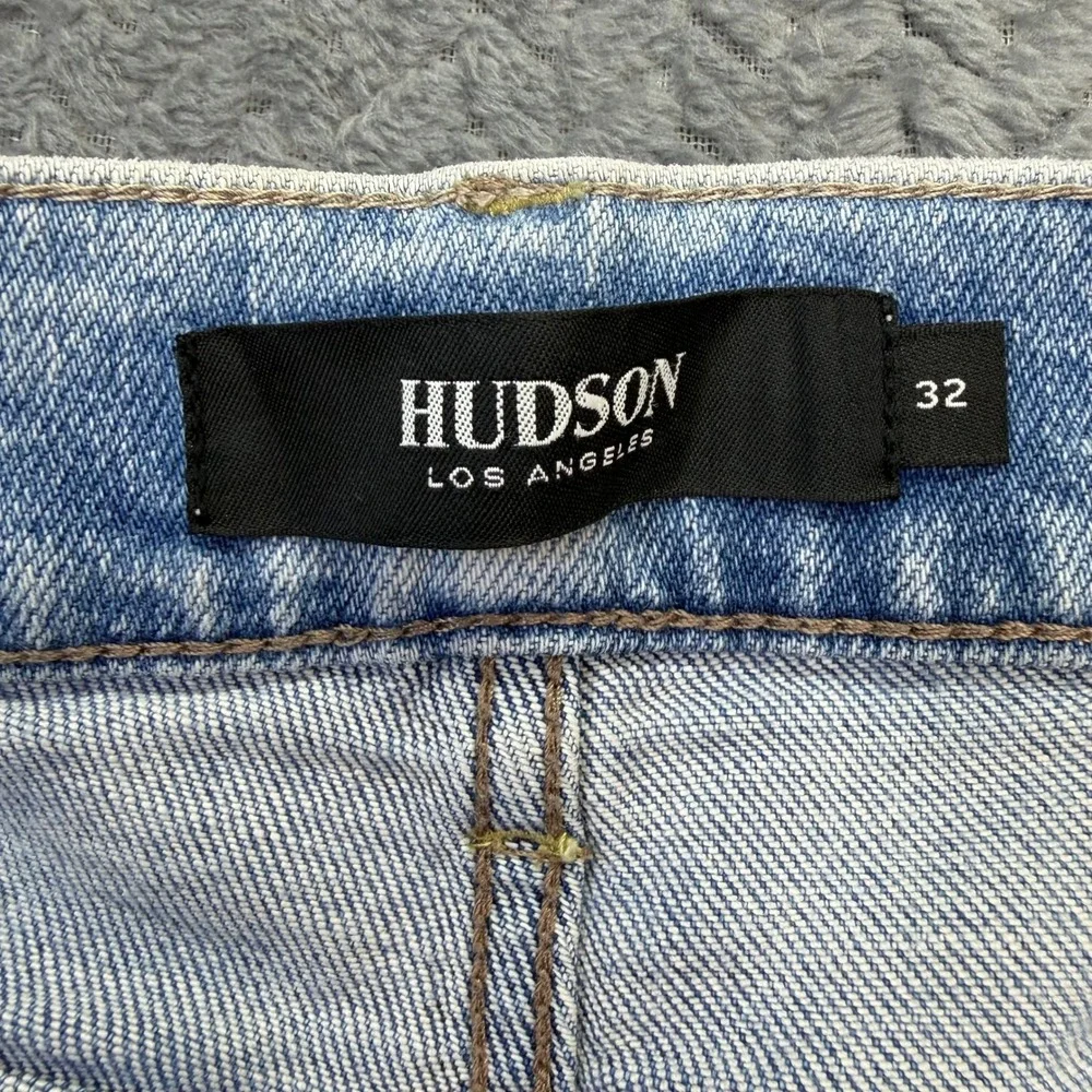 Hudson Jeans Mens 32x28 Distressed Light Wash Blue Denim Button Fly Raw Hem Moto